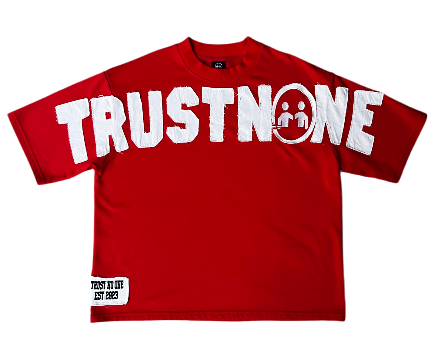 “Trustnone” Red distressed Oversized Tee